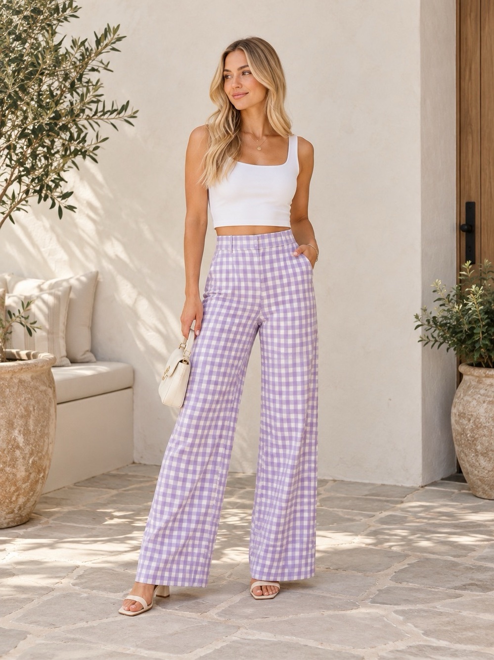 Zara Gingham Wide Leg Pants in Purple & White Size Medium Like N